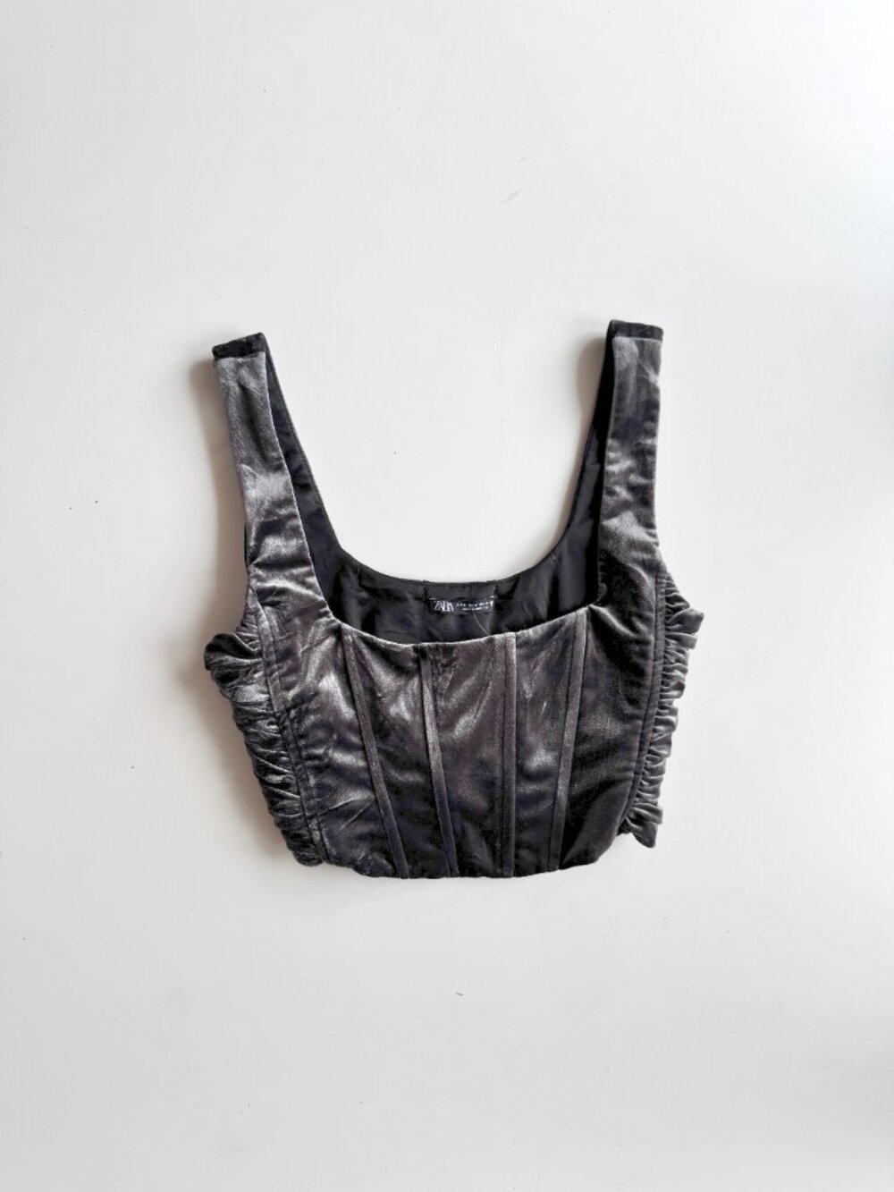 NWT ZARA Grey Velvet Ruched Cropped Corset Tank Top, Size M